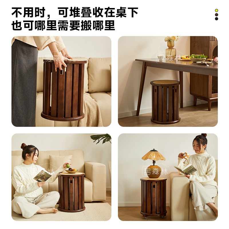 中古实木凳子可叠k放家用小板凳客厅矮凳餐桌凳子木圆凳藤编凳备