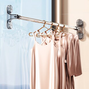 吸盘晾衣杆可伸缩免打孔s家用阳台墙上一根晒被子架飘窗室内晒衣