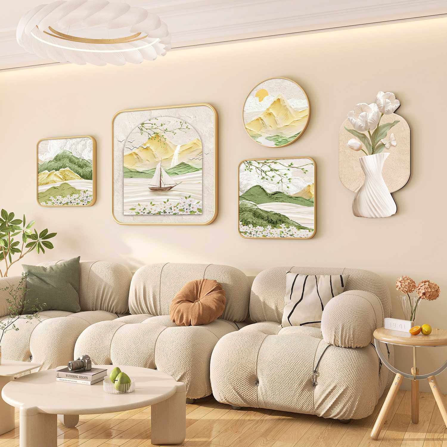 北欧奶油风客厅装饰画沙发背景墙高级感挂画现代清新绿植组合壁画