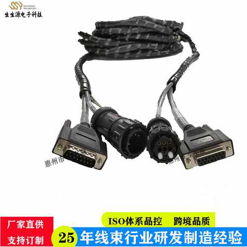 D-SUB 15P母头转D-SUB15P 公头圆柱连接器+镀锡铜编织带插头线束