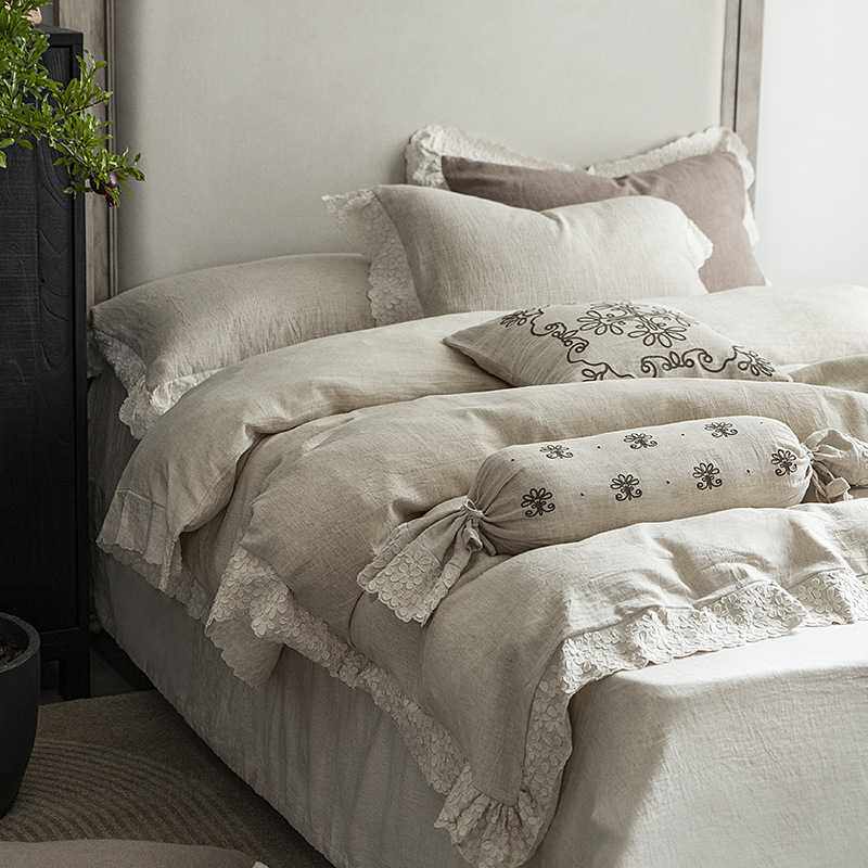 轻中式棉麻丨优雅浪漫立体宽边蕾丝亚麻棉四件套柔韧舒爽四季床品