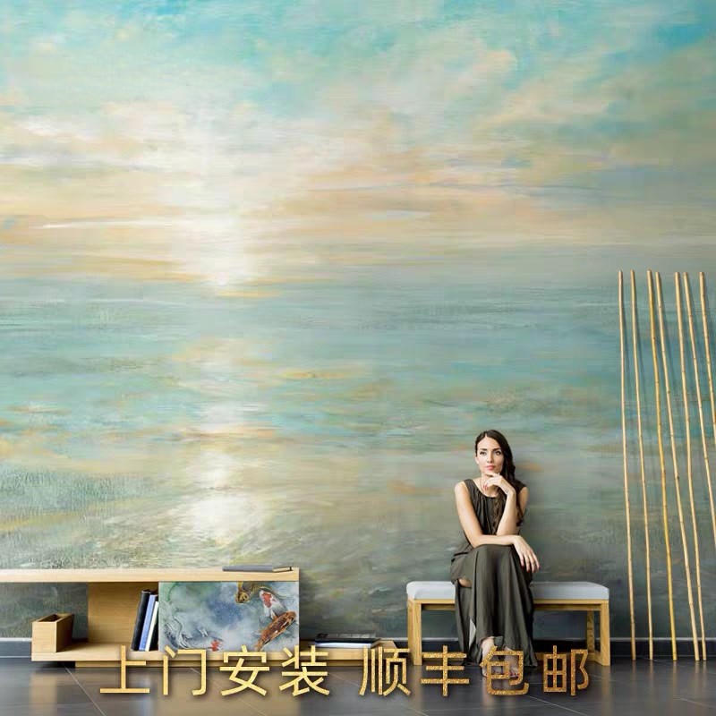北欧抽象油画大海日出壁纸个性电视背景墙纸M卧室墙布客厅沙发壁