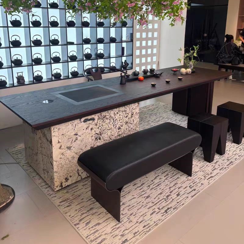 意式轻奢北美e黑胡桃木岩板茶桌2025新款高端升降茶台实木泡茶桌