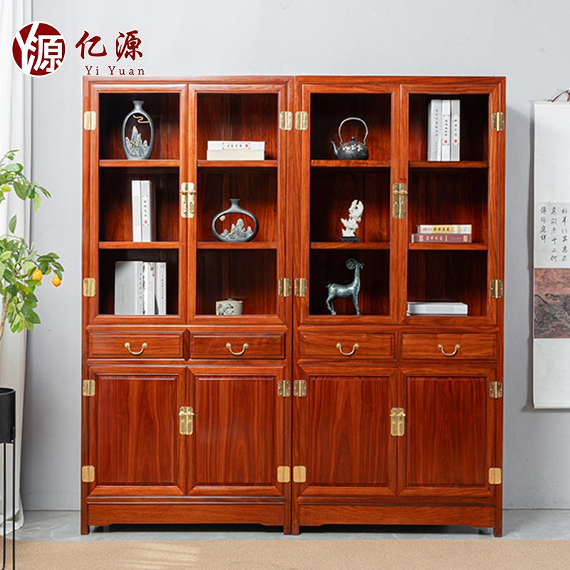 红木书柜花梨木明式素面r书柜实木书橱办公书架展示酒柜玻璃柜组