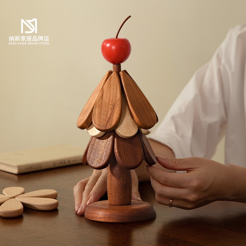 圣诞树实木隔热餐垫餐桌高级感摆件创意可折叠耐高温防.烫杯垫碗