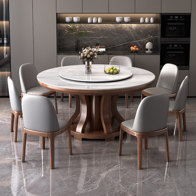轻奢岩板餐桌椅组k合家用圆形带转盘现代简约小户型实木圆形大圆