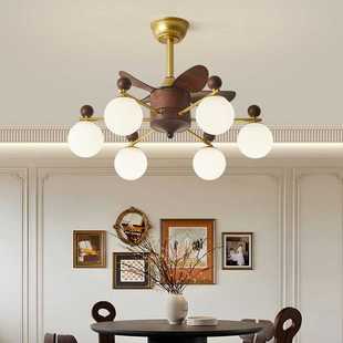 中古式 卧室电风扇吊灯餐厅吊扇灯 客厅风扇灯复古魔豆别墅木纹新款