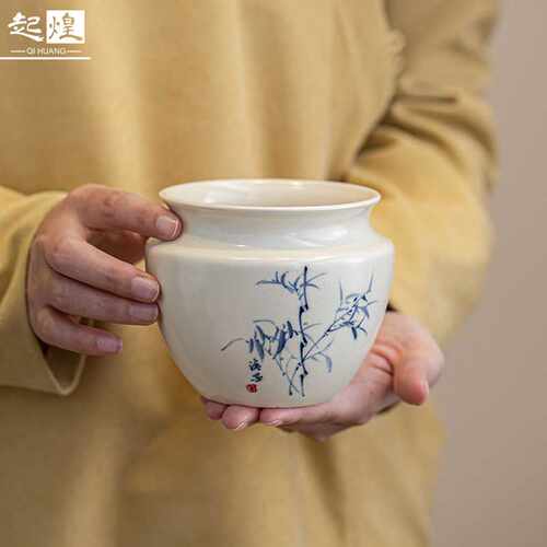 苏打釉手绘竹子茶洗 茶渣缸建水陶瓷中式家用盖碗茶具茶水盂