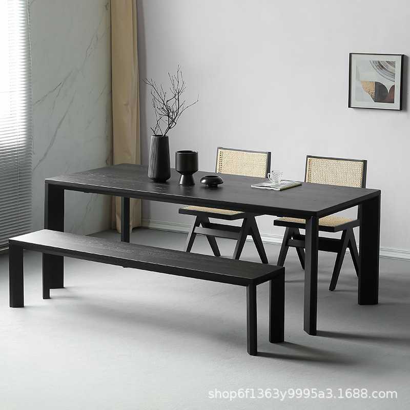 意式极简黑色碳化实木餐桌长方形侘寂风吃饭桌家用白蜡木长条桌子