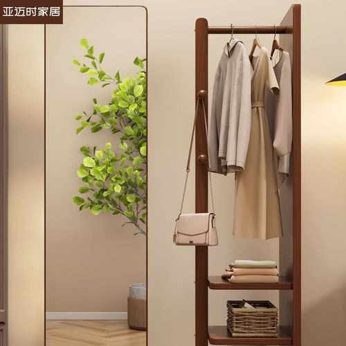 实木全身镜家用落地镜卧室可旋转移动试衣镜子带挂衣架一体穿衣镜