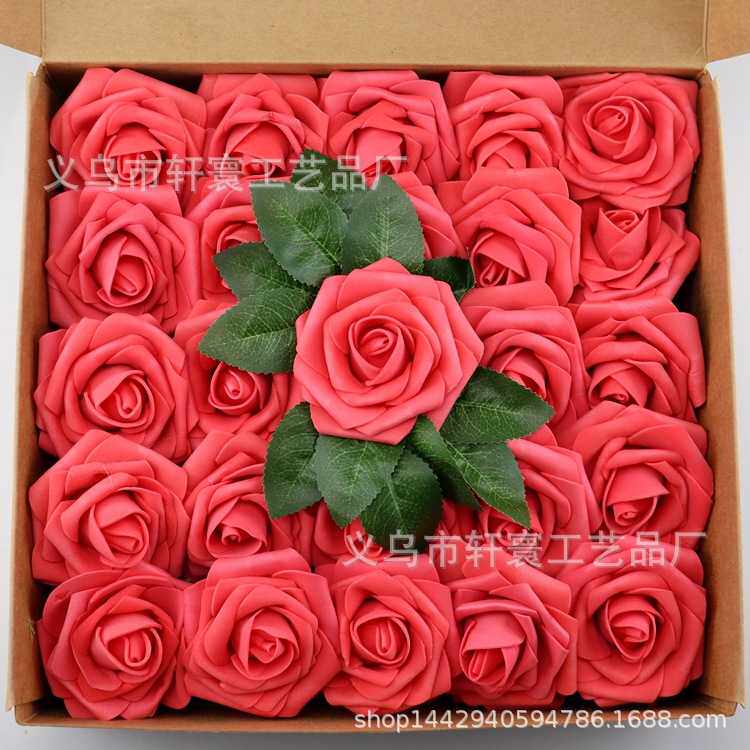 亚马逊50朵玫瑰花礼盒装8cm玫瑰 泡沫花假花仿真pe花婚庆装饰