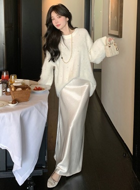 SUNSHINE LION珍珠白色仿醋酸缎面鱼尾半身裙气质垂感包臀裙长裙