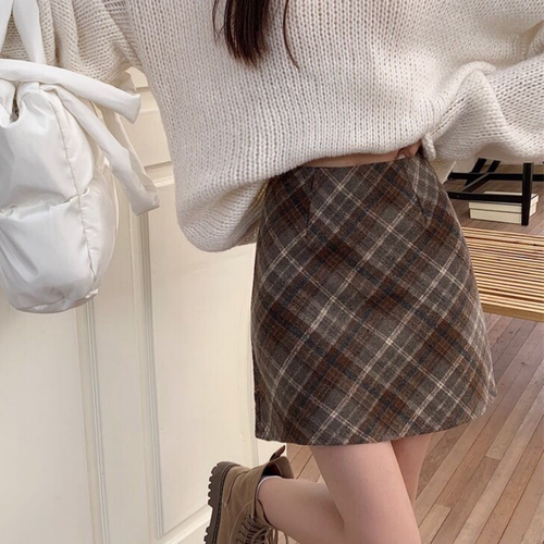 格子毛呢半身裙女格纹短裙A字