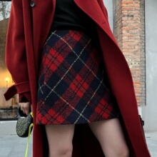 SUNSHINE LION红色格子半身裙女秋冬高腰A字包臀新年战袍格纹短裙