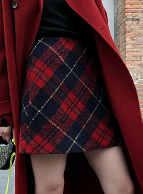 SUNSHINE LION红色格子半身裙女秋冬高腰A字包臀新年战袍格纹短裙