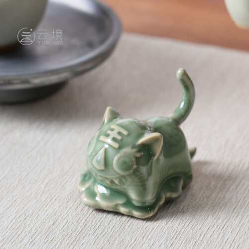 梅子青陶瓷可爱小老虎茶宠中式复古茶桌茶室摆件茶具配件国潮风