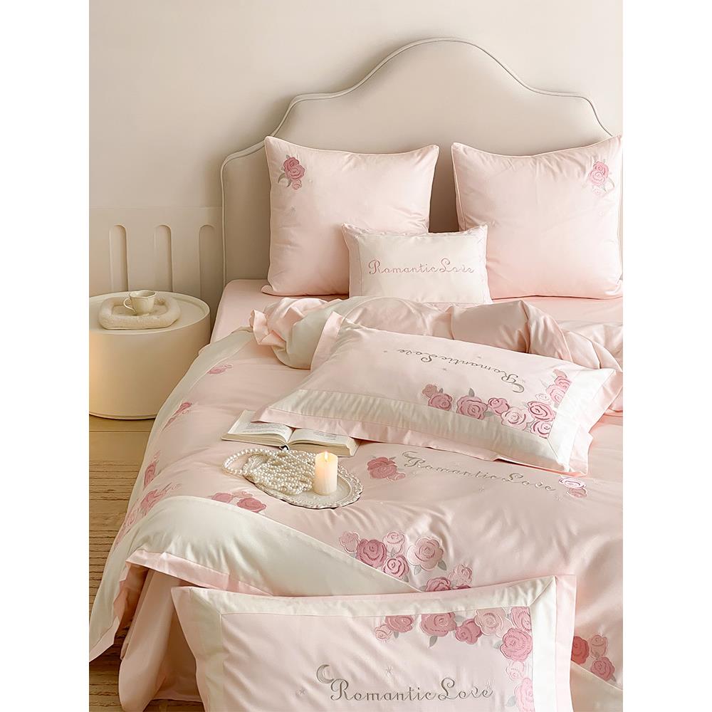 浪漫少女心100支贡缎长绒棉全棉四件套清新玫瑰刺绣纯棉被套床品