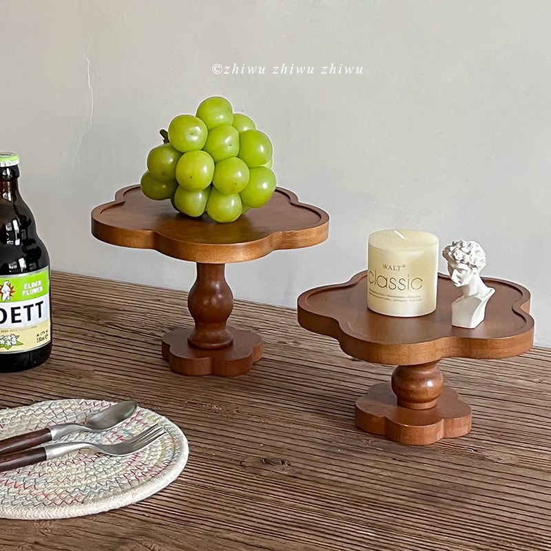 枝悟 复古花朵高脚托盘 实木y香薰蜡烛盘家用玄关首饰钥匙置物摆