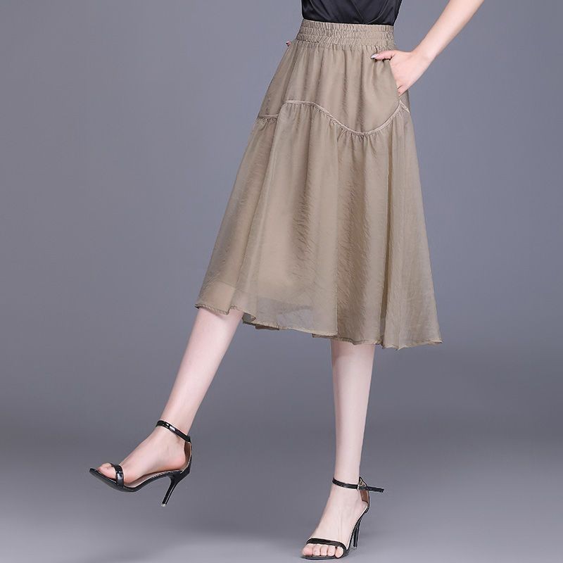 夏季网纱裙半身裙高腰显瘦s2024新款中长款薄款a字裙大摆裙口袋巾 - 封面