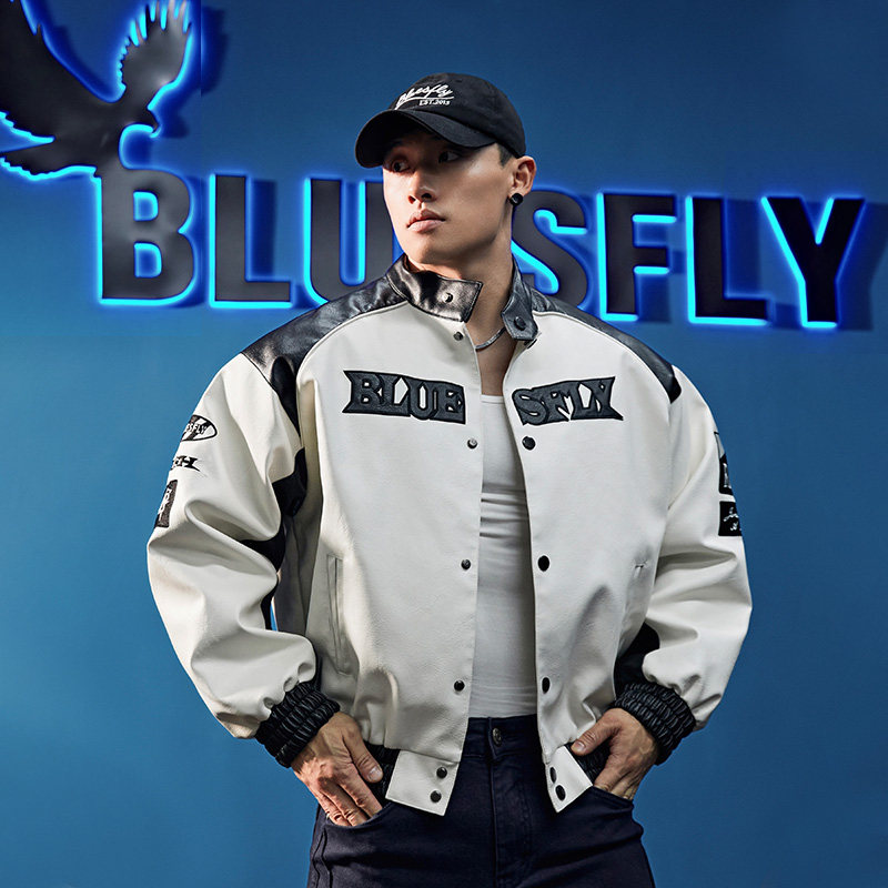 BLUESFLY美式棒球服皮衣机车夹克外套男夹棉冬季潮牌运动休闲高级