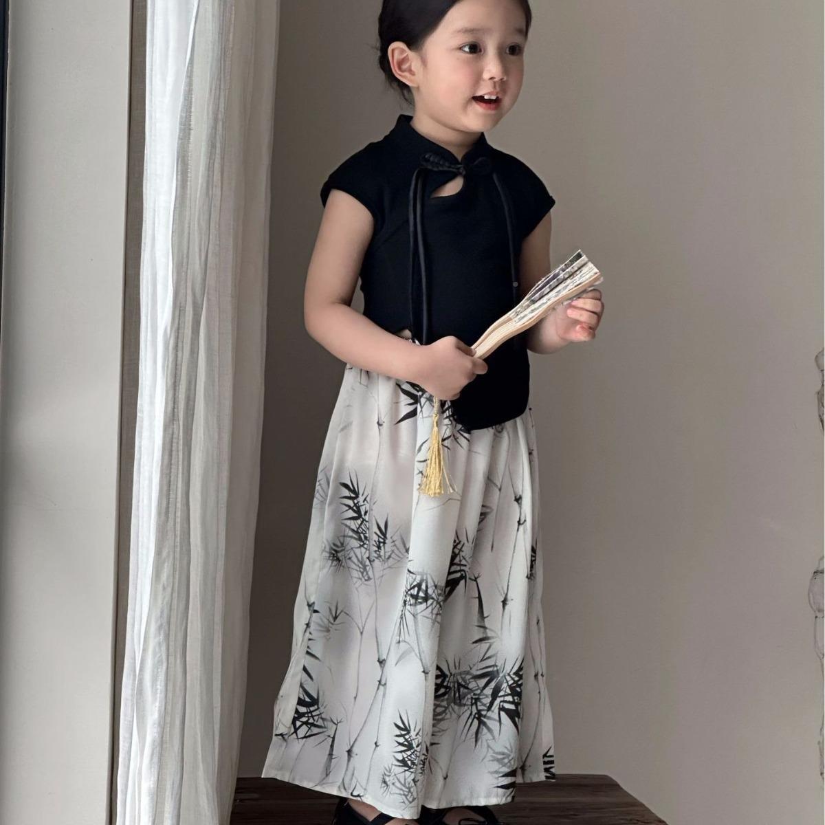 204夏季新装款童 古女ZH256童新中式旗袍2上衣 夏款盘扣短袖T恤