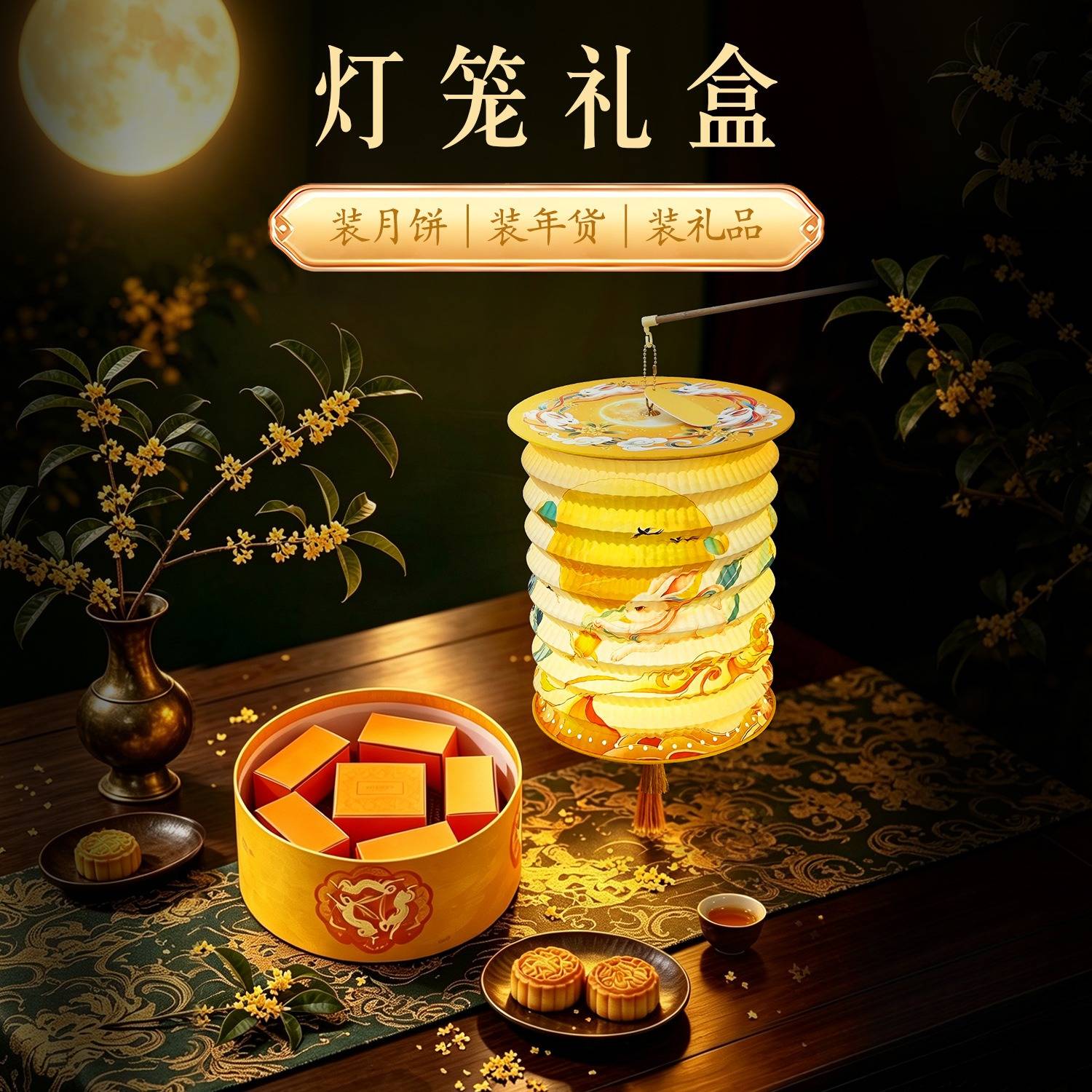 中秋节创意礼品LED发光充电灯笼礼盒套装圆盒空盒设计月饼盒