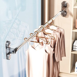 吸盘晾衣杆可伸缩k免打孔家用阳台墙上一根晒被子架飘窗室内晒衣