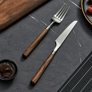 胡桃木牛排刀叉盘子套装家用不锈钢西餐餐具木柄叉子牛Z排刀两件