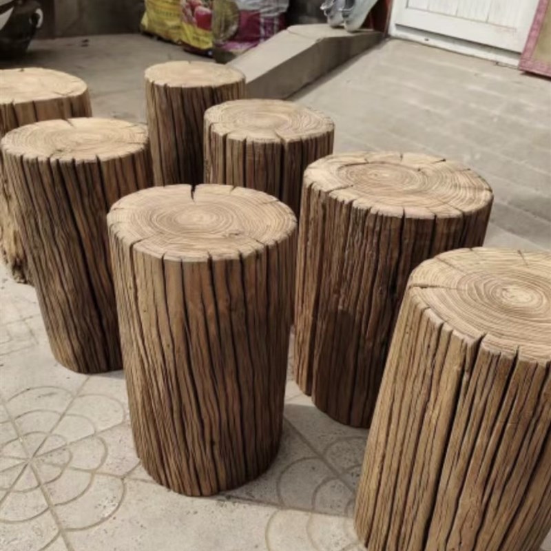 侘寂风原木树桩木桩风化t老榆木花架木墩摆件实木墩子矮凳老树墩