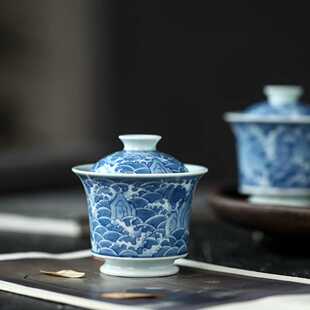 晴先生原矿青花海水海石盖碗120ml海象纹盖碗宣德风格原矿高岭土