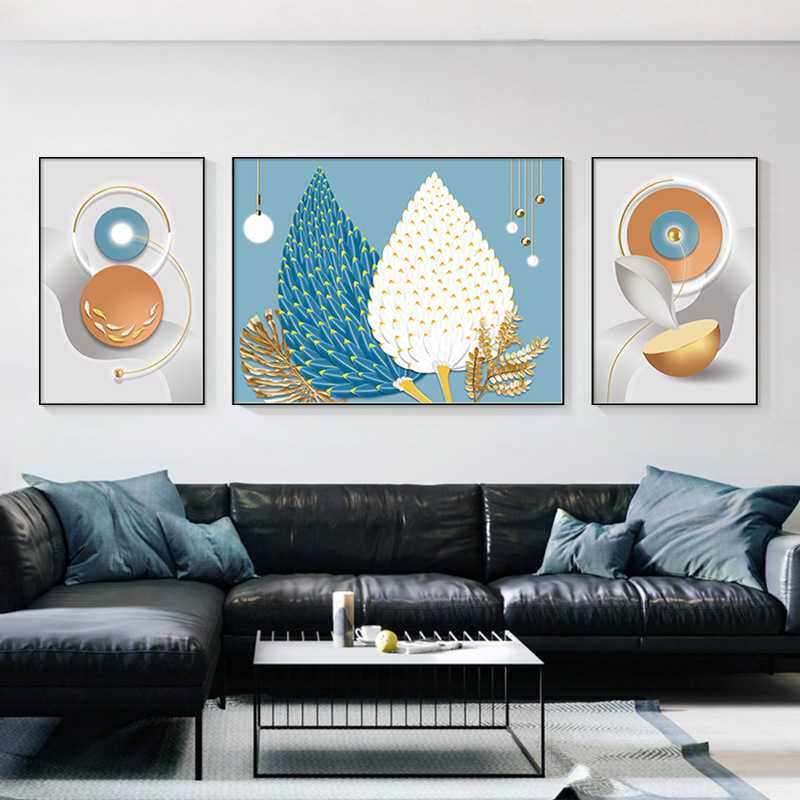 羽毛装饰画轻奢大气三联画沙发后面的壁画现代简约客厅背景墙挂画