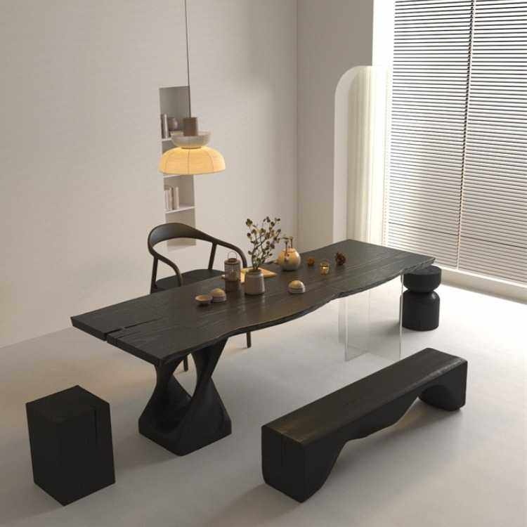 家用碳化黑色实木茶桌现代简约自然侘寂风茶台白蜡木大板中式木作