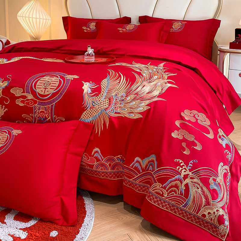 新中式龙凤刺绣结婚四件套高档奢华2025新款红色被套婚庆床上用品
