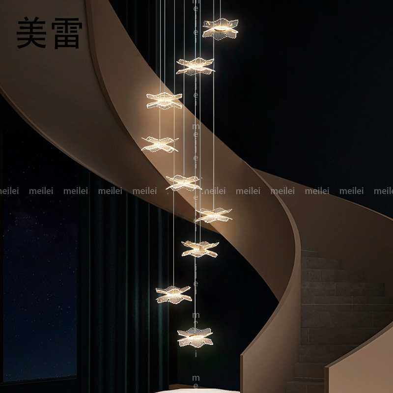 楼梯吊灯全铜后现代轻奢旋转长吊灯别墅北欧高档loft复式公寓灯具