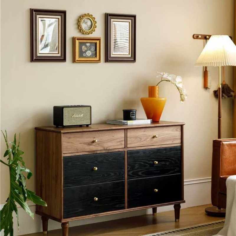 北欧复古五斗柜边柜收纳实木北美美式胡桃木六斗卧室玄关储物柜