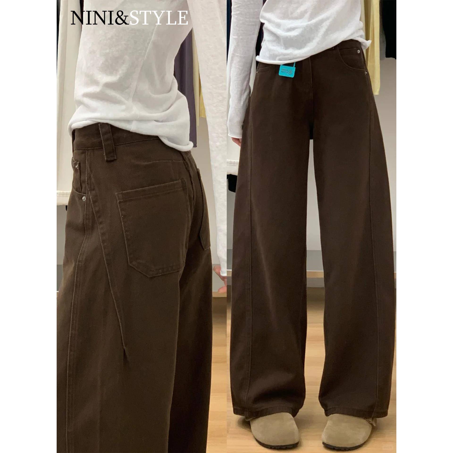咖啡色阔腿牛仔裤女2025秋冬新款棕色小个子高腰宽松直筒弯刀裤子