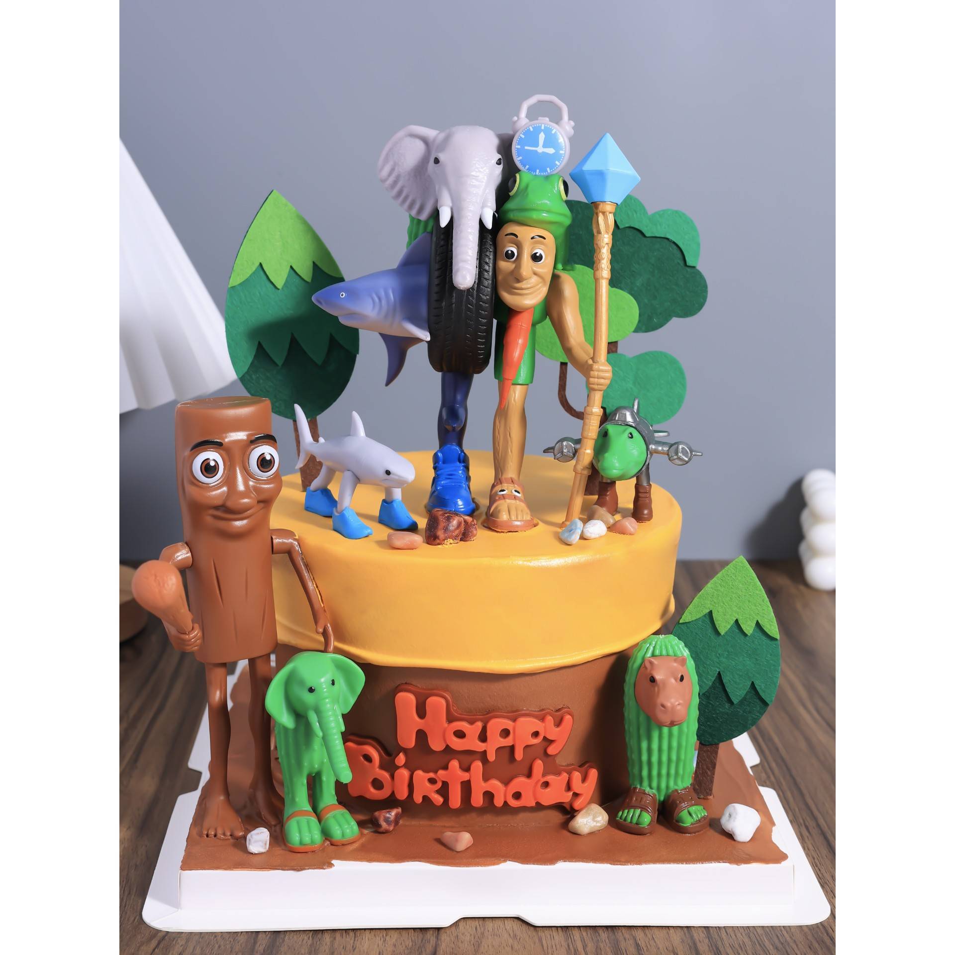 新美国卡通木人经典山海融合主题蛋糕装饰饰品椰树仙人掌插件