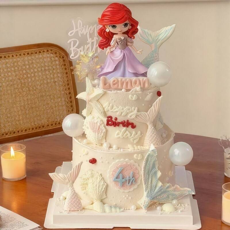 海洋风美人鱼公主生日蛋糕装饰摆件鱼尾巴海星贝壳模具烘焙插件