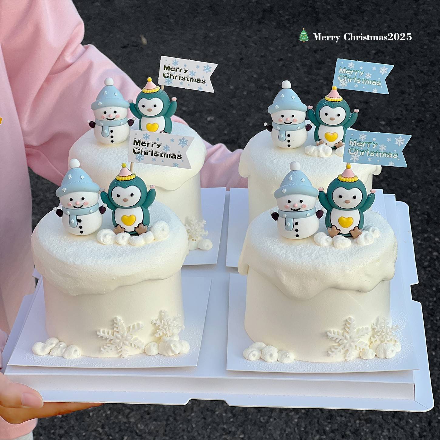 2025圣诞节ins风蛋糕装饰可爱小雪人企鹅摆件圣诞快乐小旗子插件