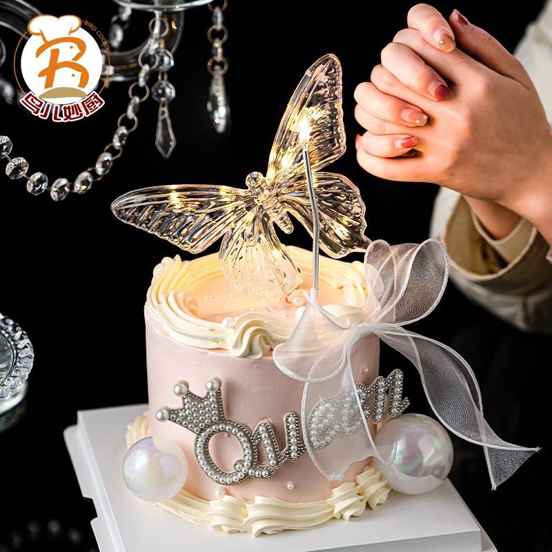 发光蝴蝶灯摆件情人母亲节女神节蛋糕装饰Queen女王珍珠三八节插