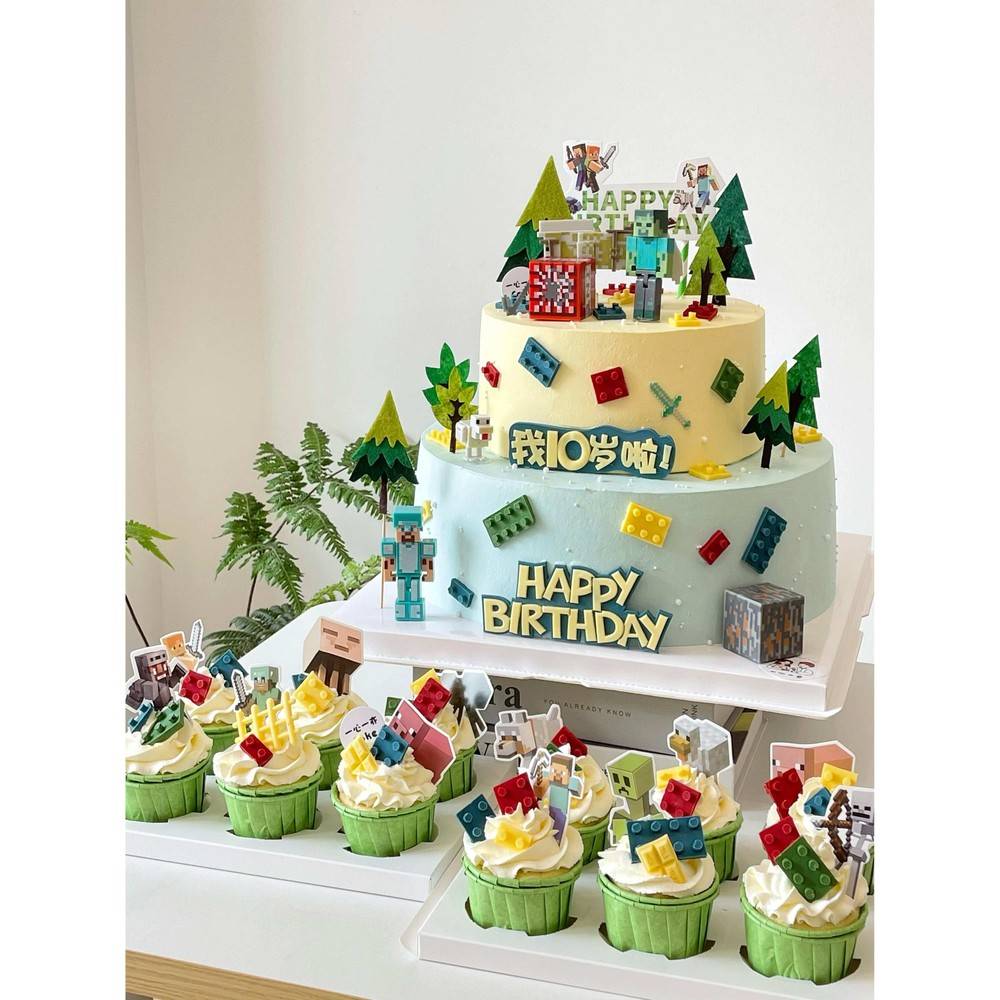 我的世界积木人偶儿童卡通蛋糕装饰摆件木偶人游戏主题绿树插件