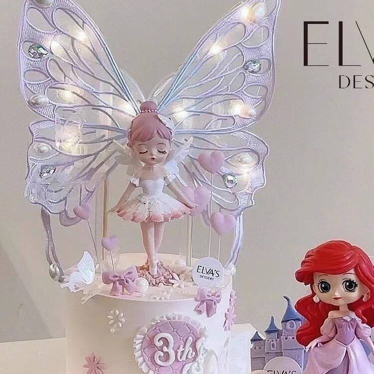 贝拉公主蛋糕装饰摆件芭蕾舞裙女孩刺绣蝴蝶翅膀带灯女生生日插件