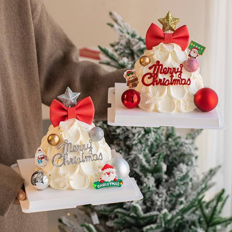 2024圣诞节许愿树蛋糕装饰摆件蝴蝶结五角星蜡烛圣诞快乐插牌插件