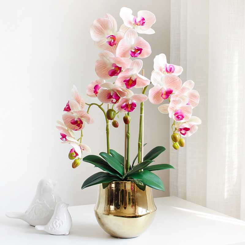 蝴蝶兰花套装餐桌假花客厅装饰摆件北欧花艺摆设盆栽金色花瓶