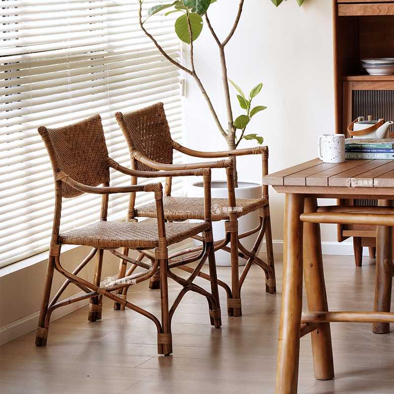 5V复古藤编餐椅民宿轻奢洽谈咖啡厅家用客厅饭桌椅子休闲阳台扶手