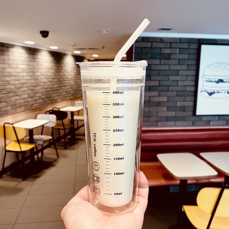 水杯双层玻璃杯带吸n管带盖耐热隔热办F公室茶杯女日式大容量咖啡