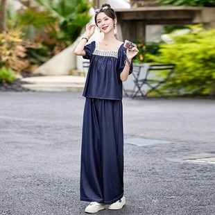 两件 蕾丝拼接方领牛仔套l装 女夏2024新款 时尚 洋气减龄显瘦阔腿裤