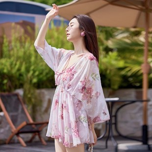 泳衣女分體三件套罩衫 新款 韓版 微胖大碼 花L朵甜美純欲顯瘦寬松收