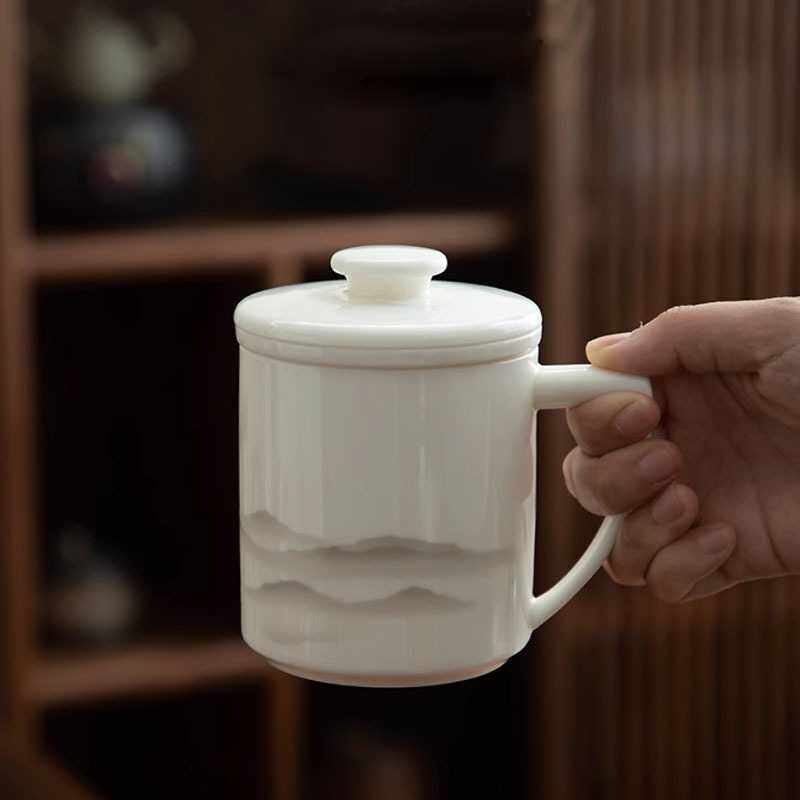 羊脂玉茶杯茶水分离陶瓷办公室带盖泡茶过滤男女专用杯子定制logo