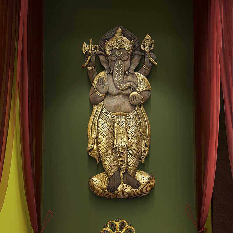 泰国实木雕刻工艺品客厅墙面装饰挂件玄关木雕壁饰象鼻神墙饰木制